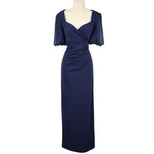 DKNY Navy Sweetheart Sheer Sleeve Ruched Column Gown Dress 6 NWT